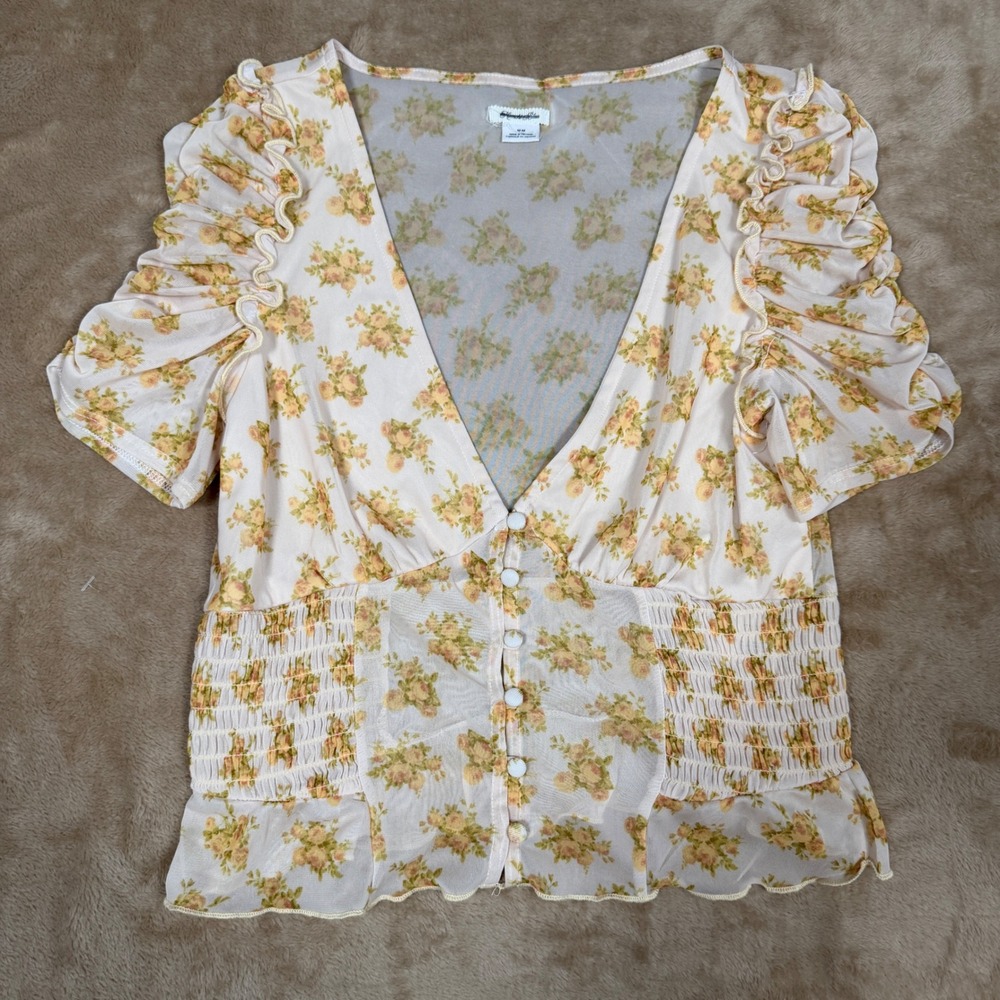 Kimchi Blue Urban Outfitters Floral Mesh Smocked V-Neck Ruffle Blouse Yellow M